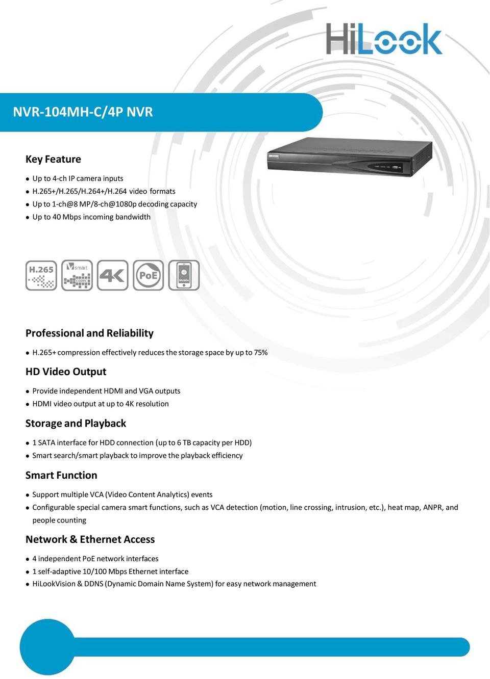 HiLook NVR-104MH-C/4P 4CH C Series NVR with 3TB HDD 0